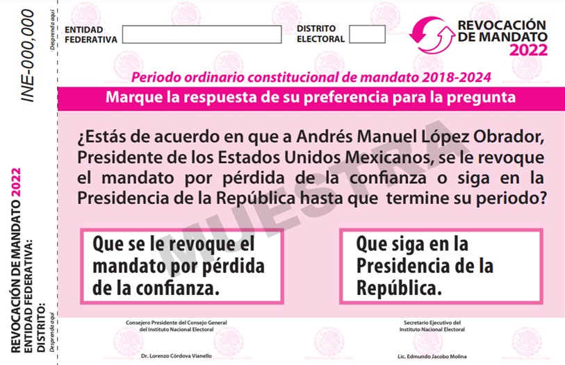 Imagen muestra de la papeleta para la Consulta Popular de Revocación de Mandato